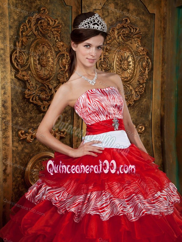 Keren Anns Red Strapless Multi-tiered Zebra Decorate Quince Dresses with Sash