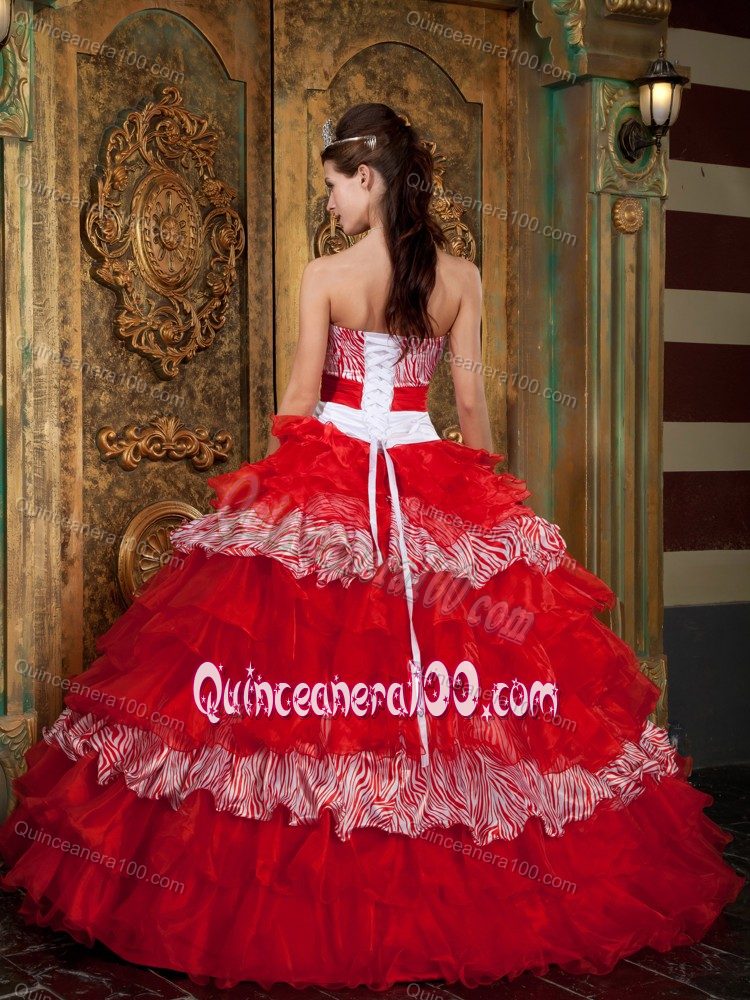 Keren Anns Red Strapless Multi-tiered Zebra Decorate Quince Dresses with Sash