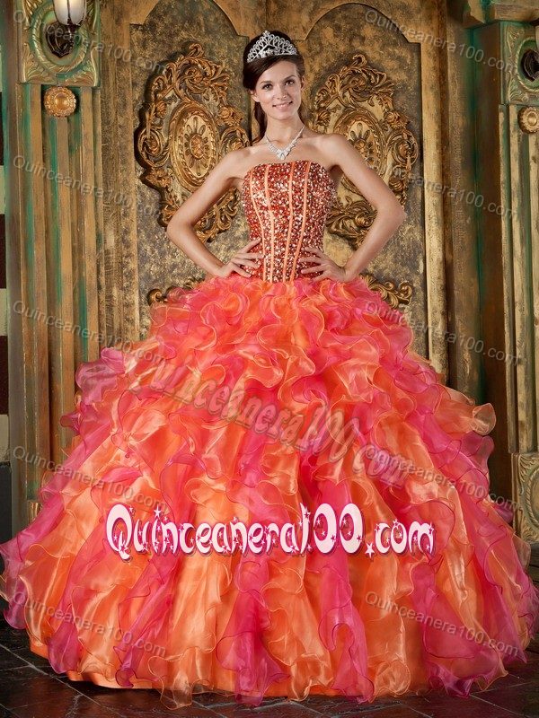 Colorful Ruffled Strapless Beading and Sequins Dress for Sweet 15