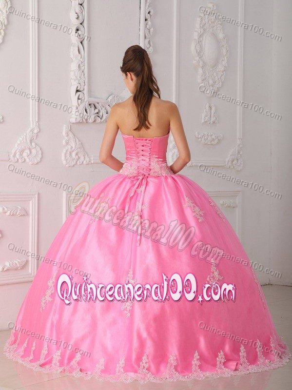 Cute Pink Strapless Appliqued Ball Gown Lace Hem Quince Dresses