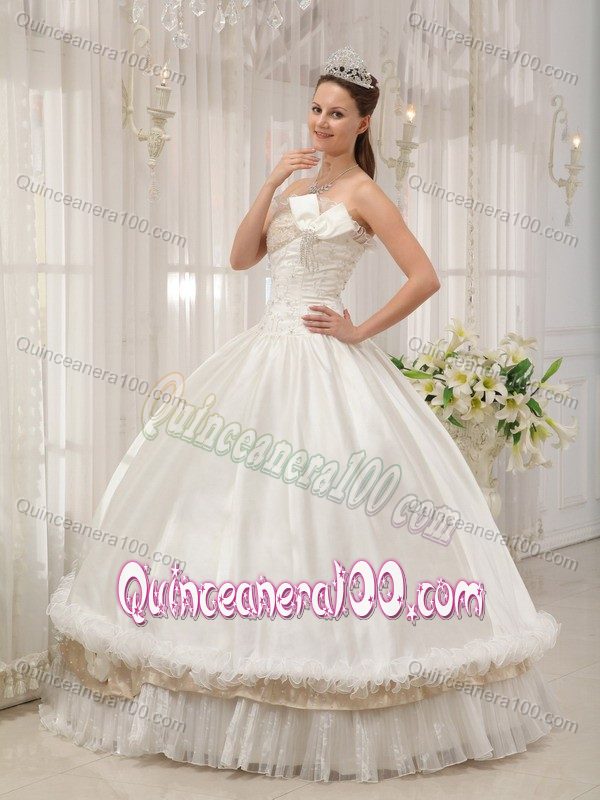 White Hand Made Flowers Strapless Multi-tiered Quince Dresses