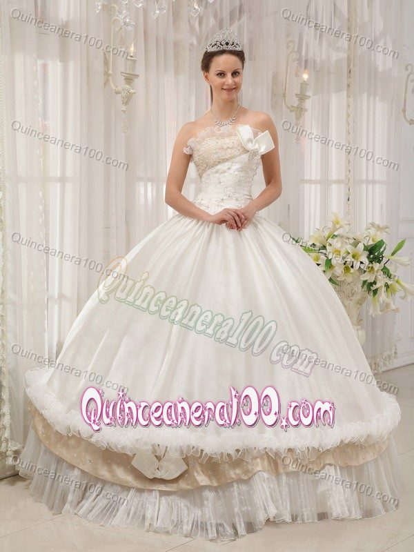 White Hand Made Flowers Strapless Multi-tiered Quince Dresses