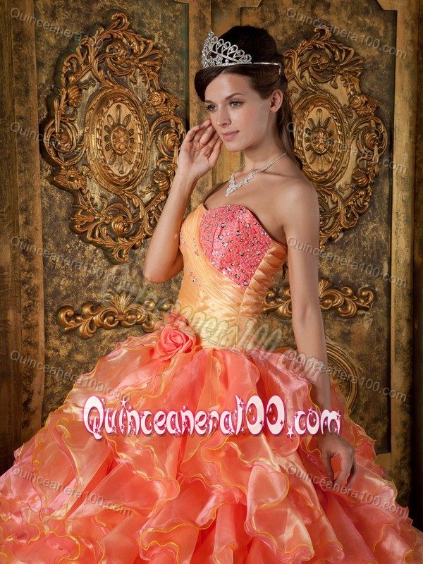 Orange Ball Gown Beading Ruched Quince Dresses with Ruffles Plus