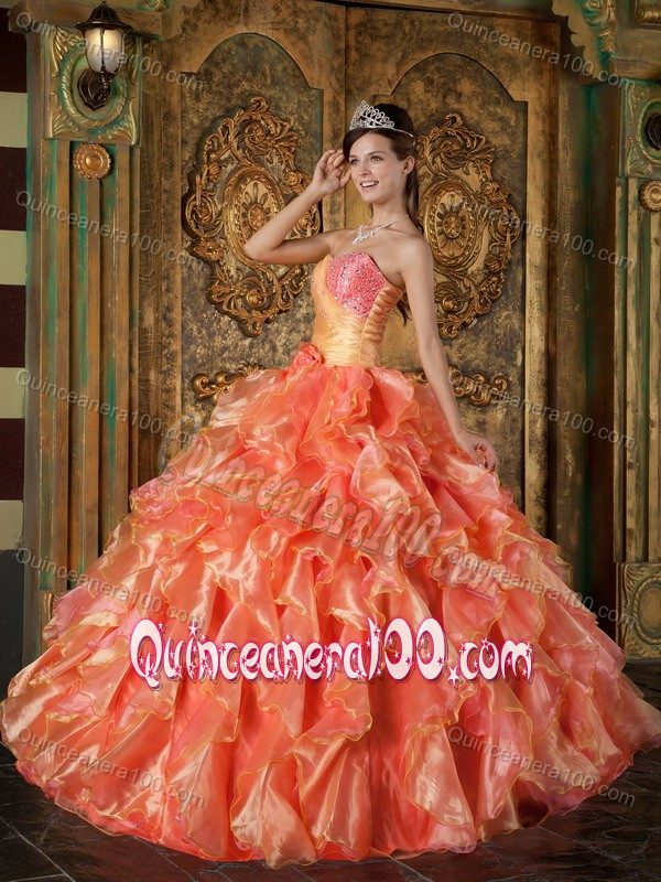 Orange Ball Gown Beading Ruched Quince Dresses with Ruffles Plus