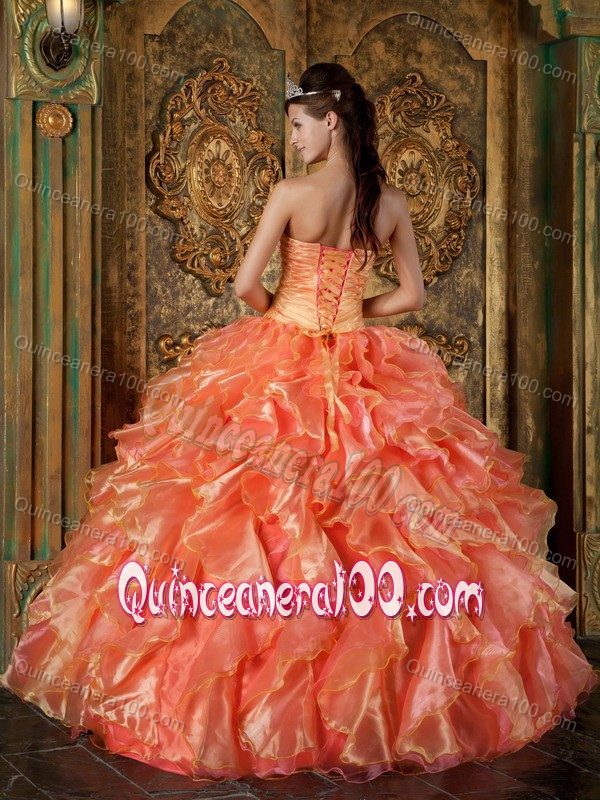 Orange Ball Gown Beading Ruched Quince Dresses with Ruffles Plus