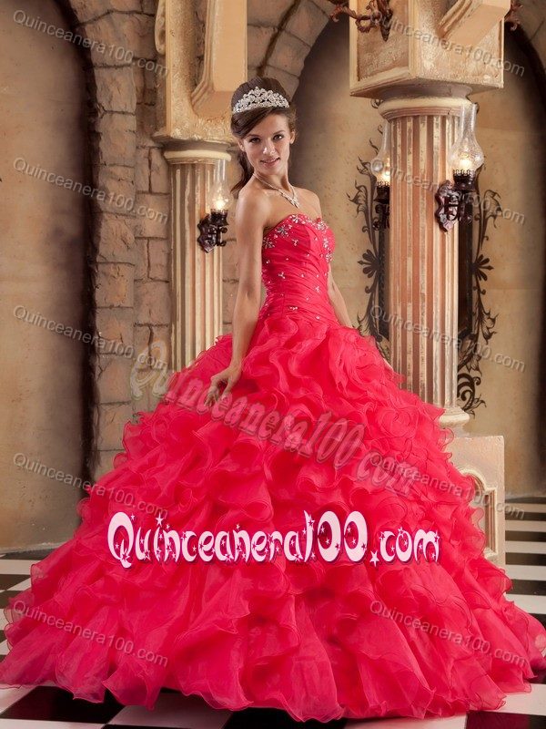 Coral Red Strapless Beading Appliques Ruffled Dress for Sweet 15