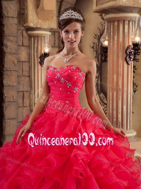 Coral Red Strapless Beading Appliques Ruffled Dress for Sweet 15