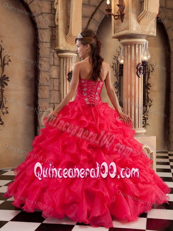 Coral Red Strapless Beading Appliques Ruffled Dress for Sweet 15