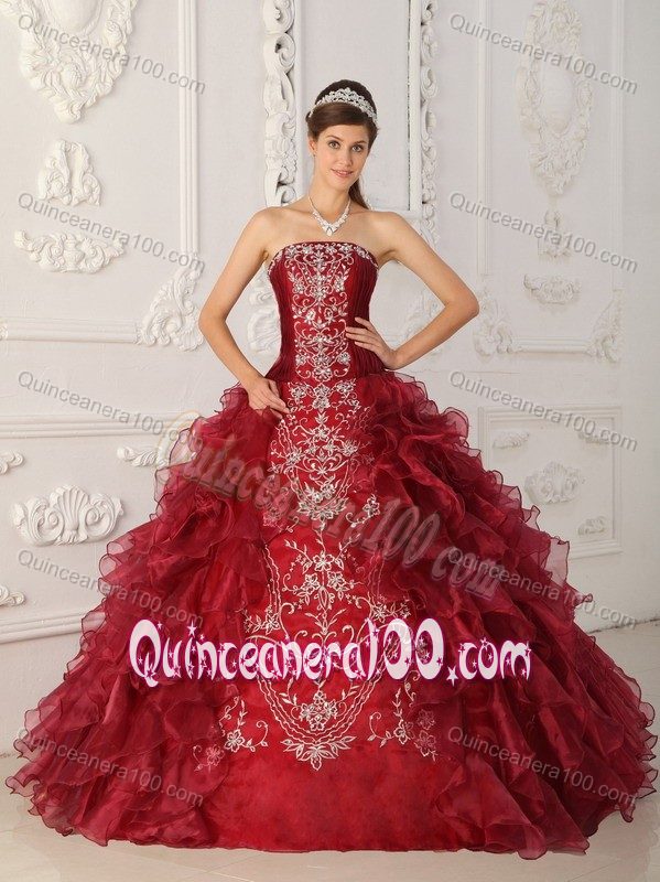 Perfect Wine Red Strapless Embroidery Quince Dresses with Ruffles