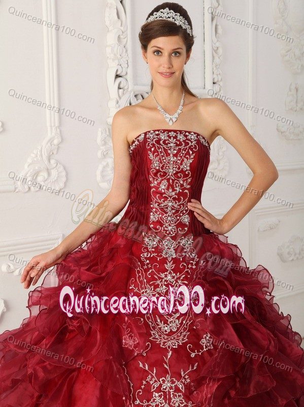 Perfect Wine Red Strapless Embroidery Quince Dresses with Ruffles