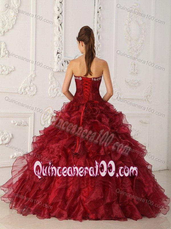 Perfect Wine Red Strapless Embroidery Quince Dresses with Ruffles