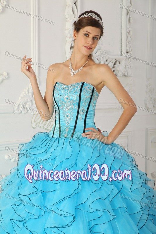 Popular Baby Blue Strapless Appliques and Ruffles Quinceanera Gown