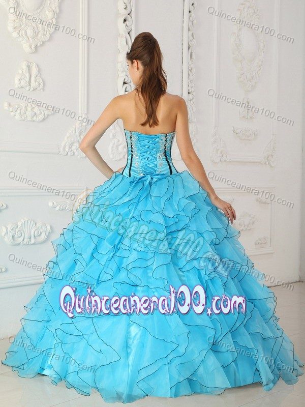 Popular Baby Blue Strapless Appliques and Ruffles Quinceanera Gown