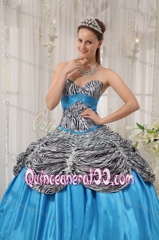 Aqua Blue Sweetheart Pleated Zebra Accent Pick-ups Sweet 16 Dress