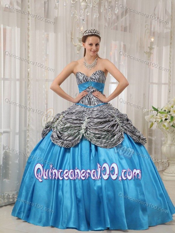 Aqua Blue Sweetheart Pleated Zebra Accent Pick-ups Sweet 16 Dress