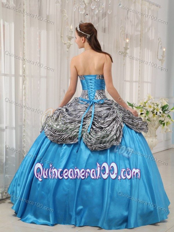 Aqua Blue Sweetheart Pleated Zebra Accent Pick-ups Sweet 16 Dress