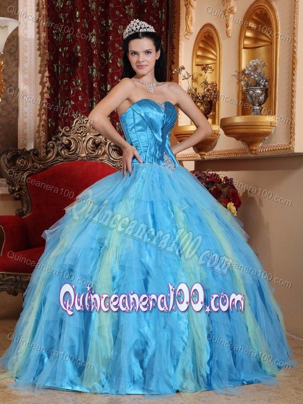 Colorful Sweetheart Ruched Bodice Beaded Ruffled Quince Dress