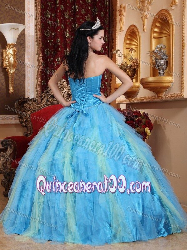 Colorful Sweetheart Ruched Bodice Beaded Ruffled Quince Dress