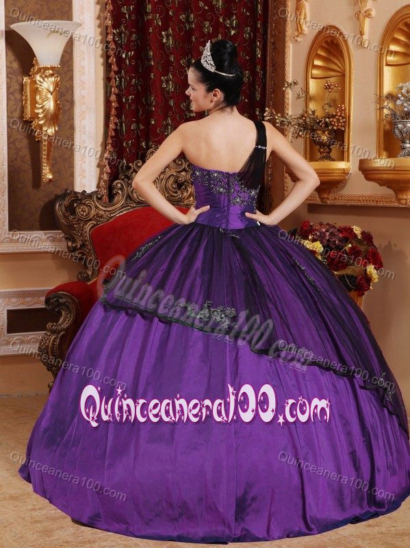 Beading Purple one Shoulder Appliqued Ball Gown Quince Dresses