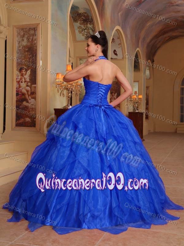 Royal Blue Appliqued Halter Top Dress for Sweet 15 with Ruffles