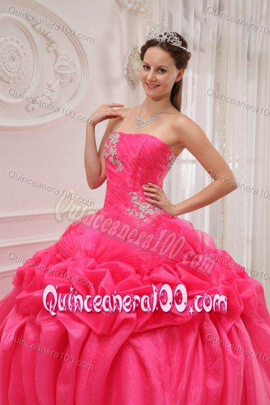 Hot Pink Strapless Pick-up Pleated Appliques Quinceanera Dress