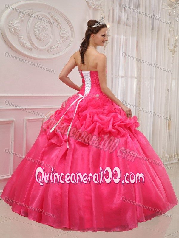 Hot Pink Strapless Pick-up Pleated Appliques Quinceanera Dress