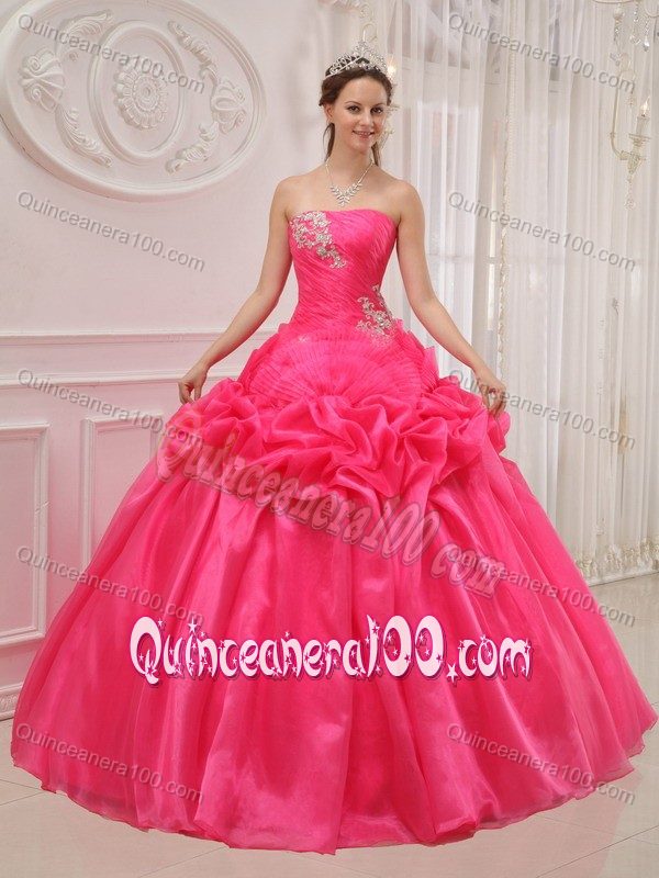 Hot Pink Strapless Pick-up Pleated Appliques Quinceanera Dress