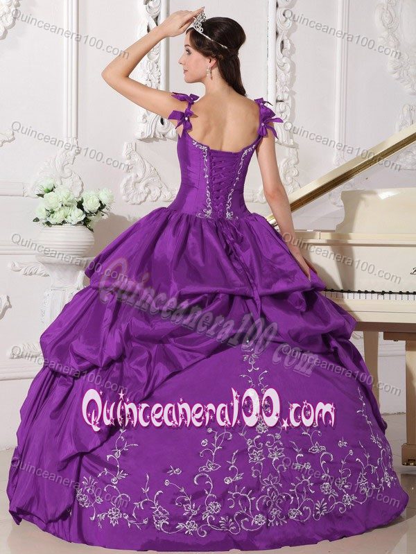 Purple Ball Gown Pick-ups Embroidery Quince Dresses with Straps