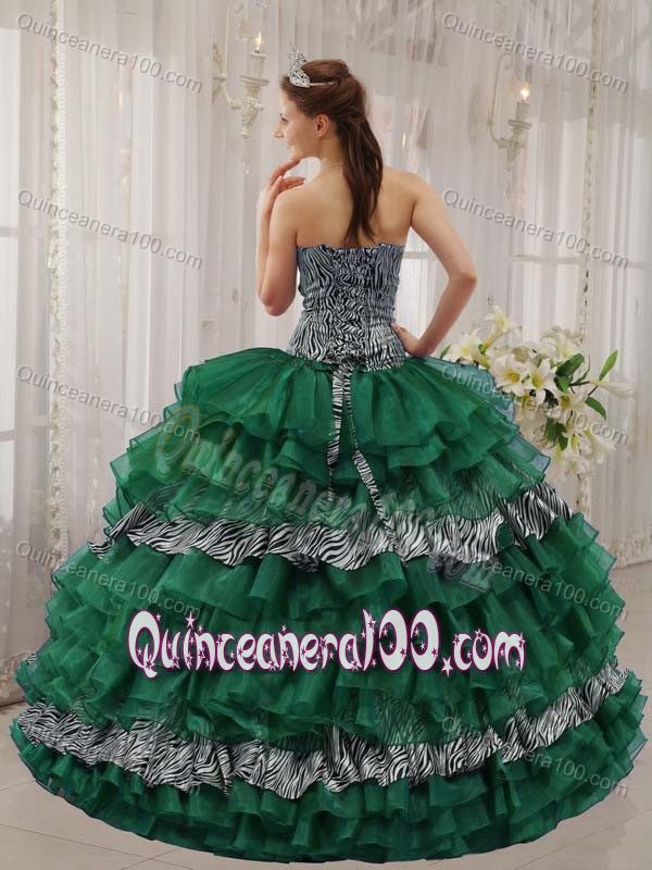 Green Strapless Multi-tiered Ruffled Zebra Decorate Quince Dresses