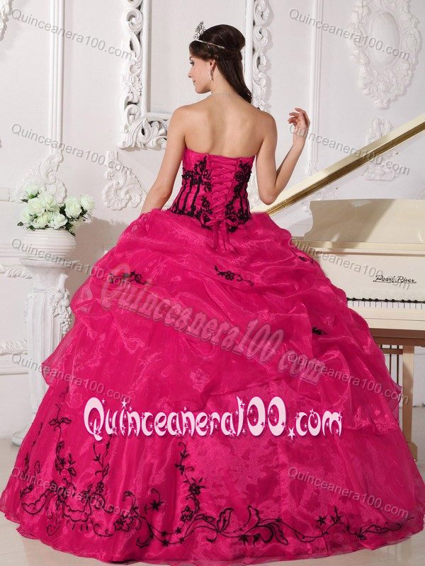 Hot Pink and Black Strapless Pick-ups Embroidery Sweet 16 Dresses