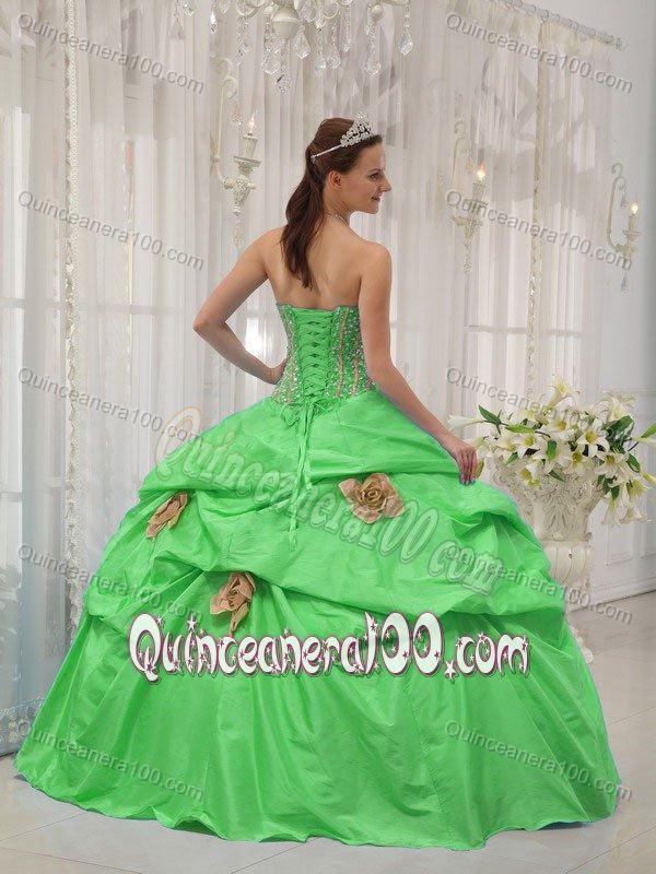 Spring Green Strapless Pick-ups Hand Made Flowers Sweet 16 Dresses