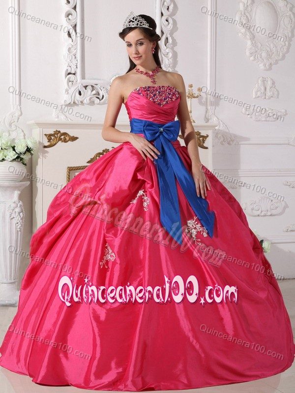 Hot Pink Pick-ups Appliques Quinceanera Gowns with Blue Bowknot