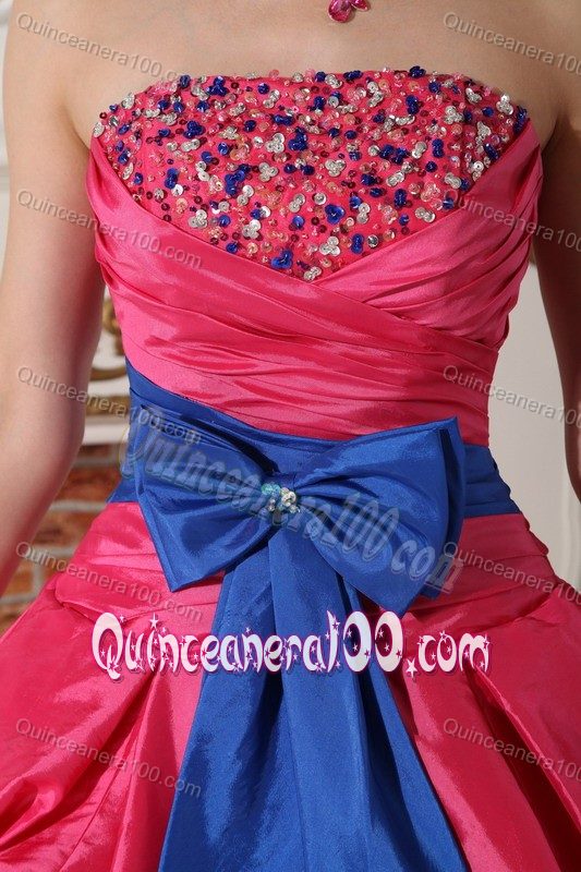 Hot Pink Pick-ups Appliques Quinceanera Gowns with Blue Bowknot