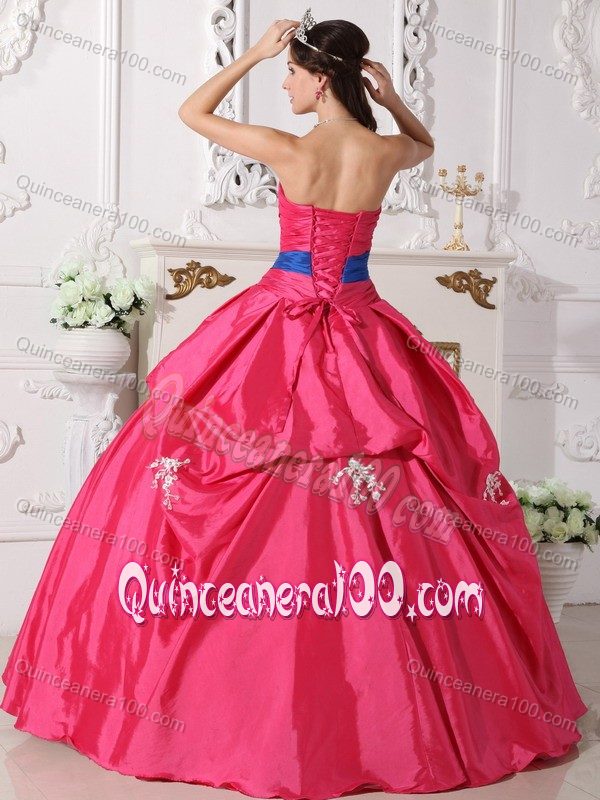 Hot Pink Pick-ups Appliques Quinceanera Gowns with Blue Bowknot