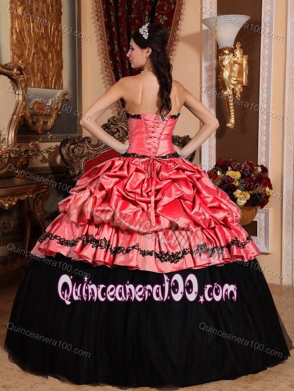 Watermelon and Black Pick-ups Strapless Appliques Quince Dresses