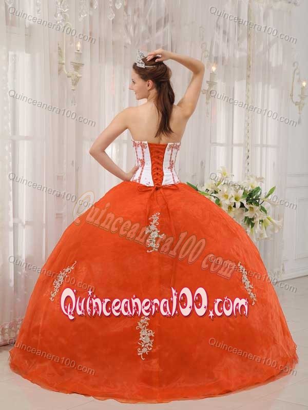 White and Orange Appliques Taffeta and Organza Quinces Dresses