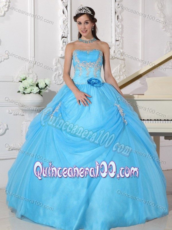 Sky Blue Strapless Appliques Hand Made Flowers Quince Dresses