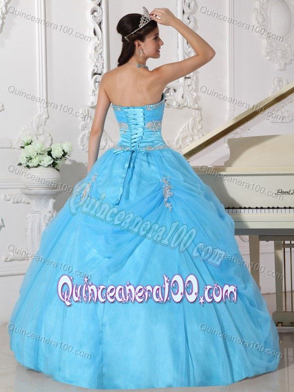 Sky Blue Strapless Appliques Hand Made Flowers Quince Dresses