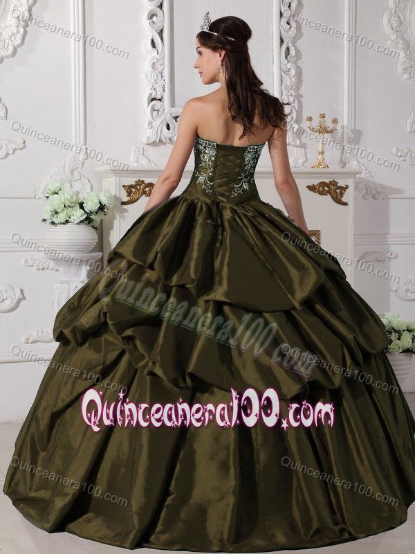 Olive Green Embroidery Pick-ups Ball Gown Strapless Quinces Dress