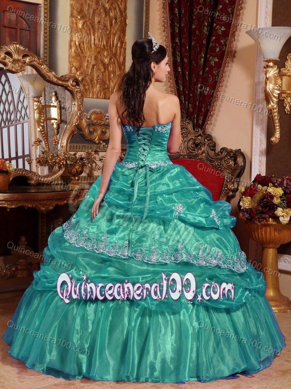 Turquoise Strapless Appliques Pick-ups Pleated Quinceanera Gown