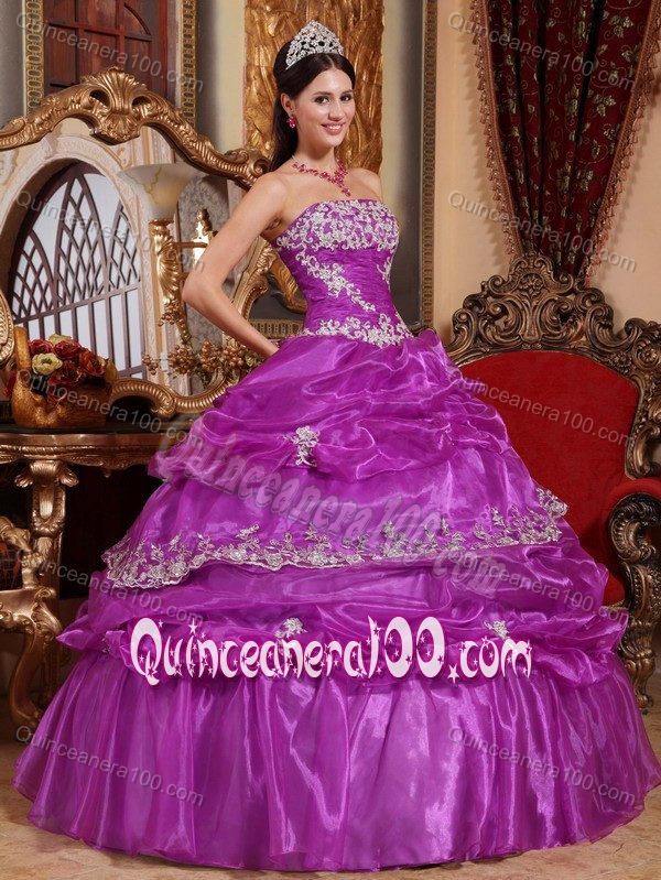 Fuchsia Ruche Bodice Appliques Dress for Sweet 15 with Pick-ups