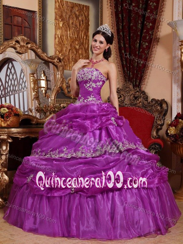 Fuchsia Ruche Bodice Appliques Dress for Sweet 15 with Pick-ups