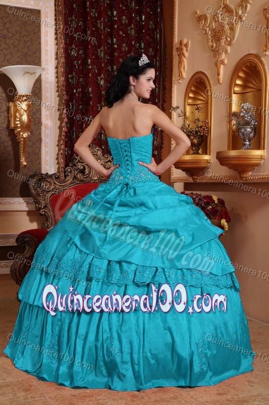 Strapless Appliques Pleated Tiered Pick-ups Taffeta Sweet 15 Dress