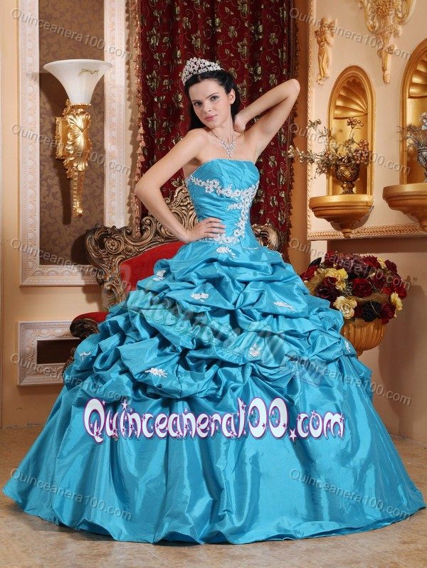 Aqua Blue Strapless Taffeta Pick-ups Dress for Quince Appliques