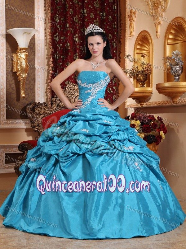 Aqua Blue Strapless Taffeta Pick-ups Dress for Quince Appliques