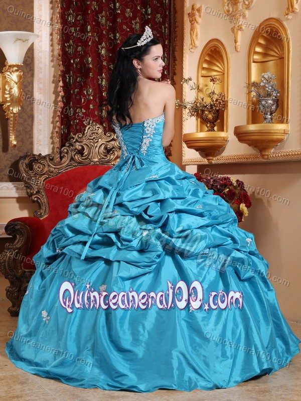 Aqua Blue Strapless Taffeta Pick-ups Dress for Quince Appliques