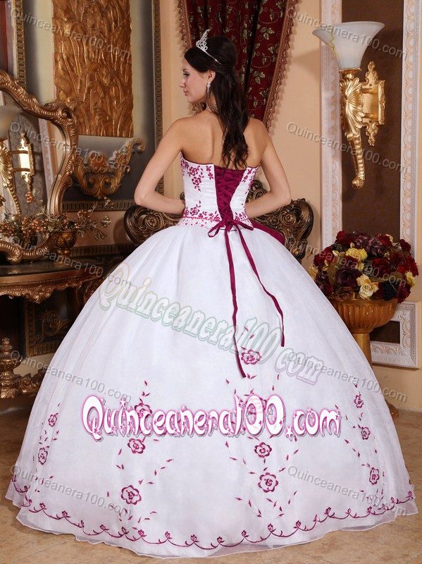 White Ball Gown Strapless Dress for Quince with Red Embroidery