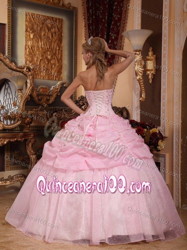 Strapless Baby Pink Appliques Sweet 15 Dresses with Pick-ups