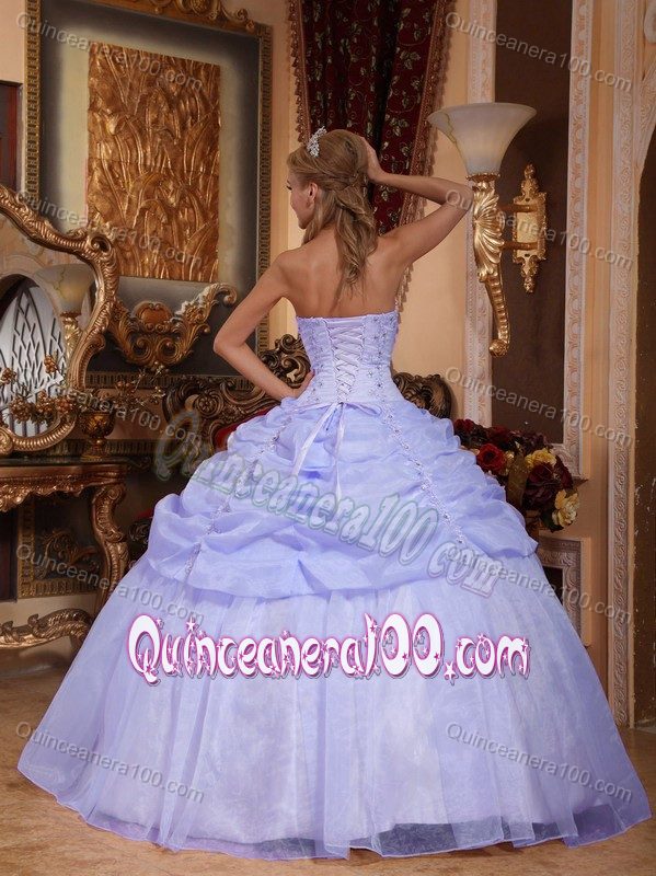 Simple Lavender Strapless Pick-ups Appliques Dress for Quince