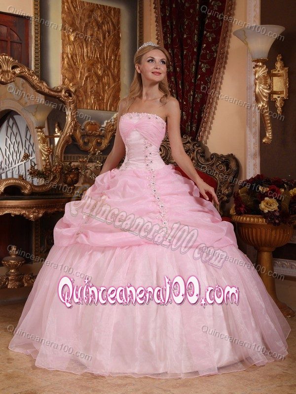 Strapless Baby Pink Appliques Sweet 15 Dresses with Pick-ups